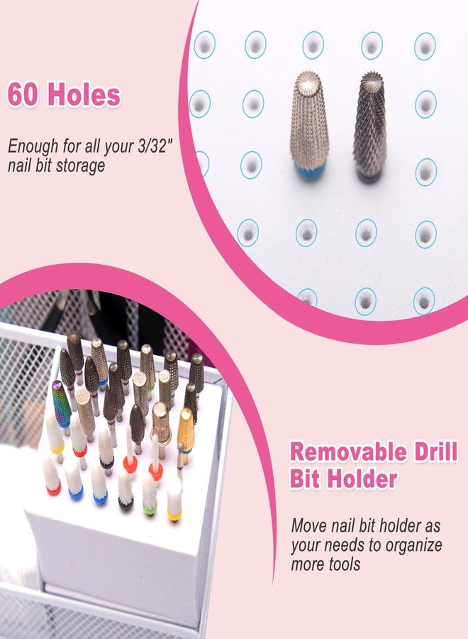 CGBE Nail Drill Bits Holder: 60 Holes Professional Drill Bit Holder for Nails - Mesh Metal Nail Tools Organizer Display Case - Nail Desk Organizer for Nail Tech - White (Not Included Nail Drill) - Image 2